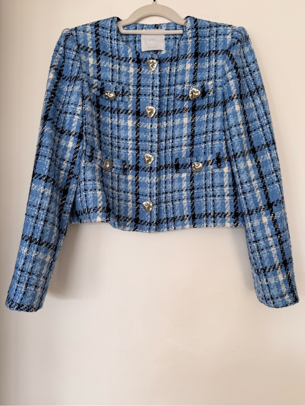 Mango Blue Plaid Tweed Cropped Blazer with Heart Buttons